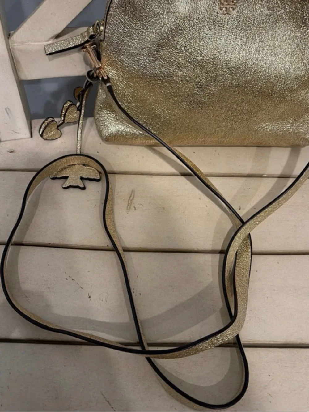 Tory Burch Metallic Gold Crossbody with Dove and Heart charms